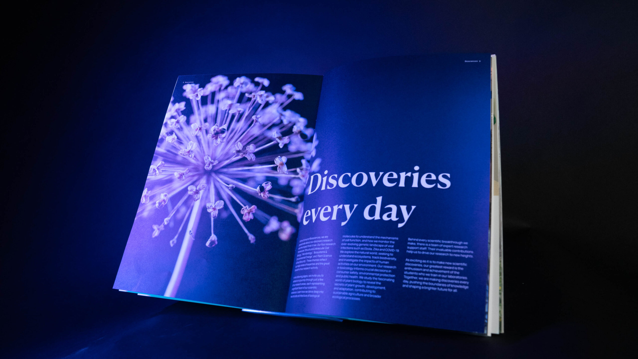 Biosciences brochure opened to a page titled Discoveries every day