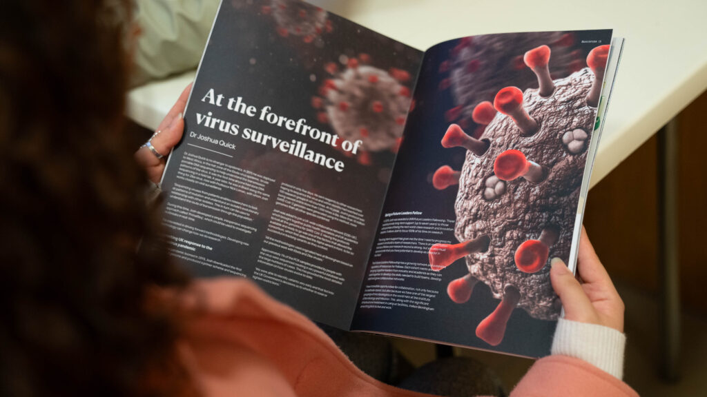 Biosciences brochure opened to a page titled At the forefront of virus surveillance